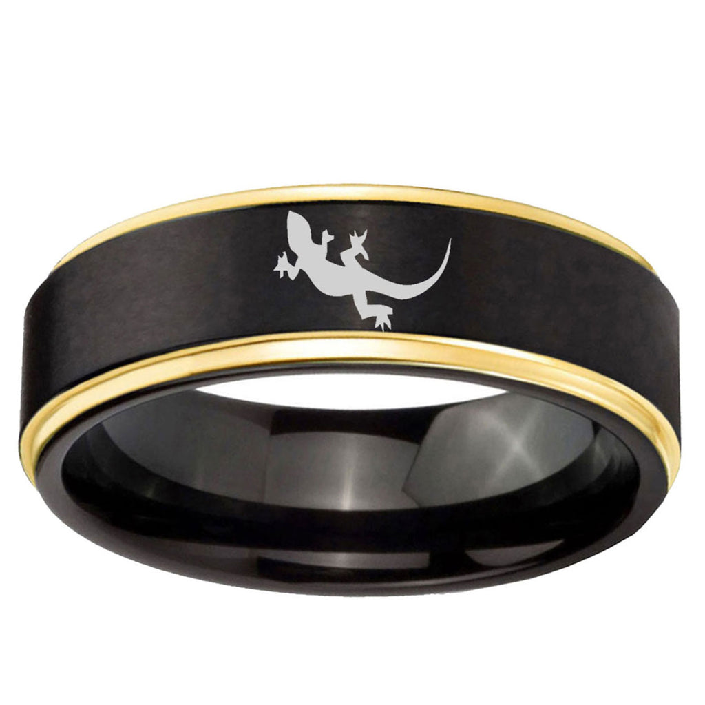 6mm Lizard Gold Step Edge Black Tungsten Ring for Men