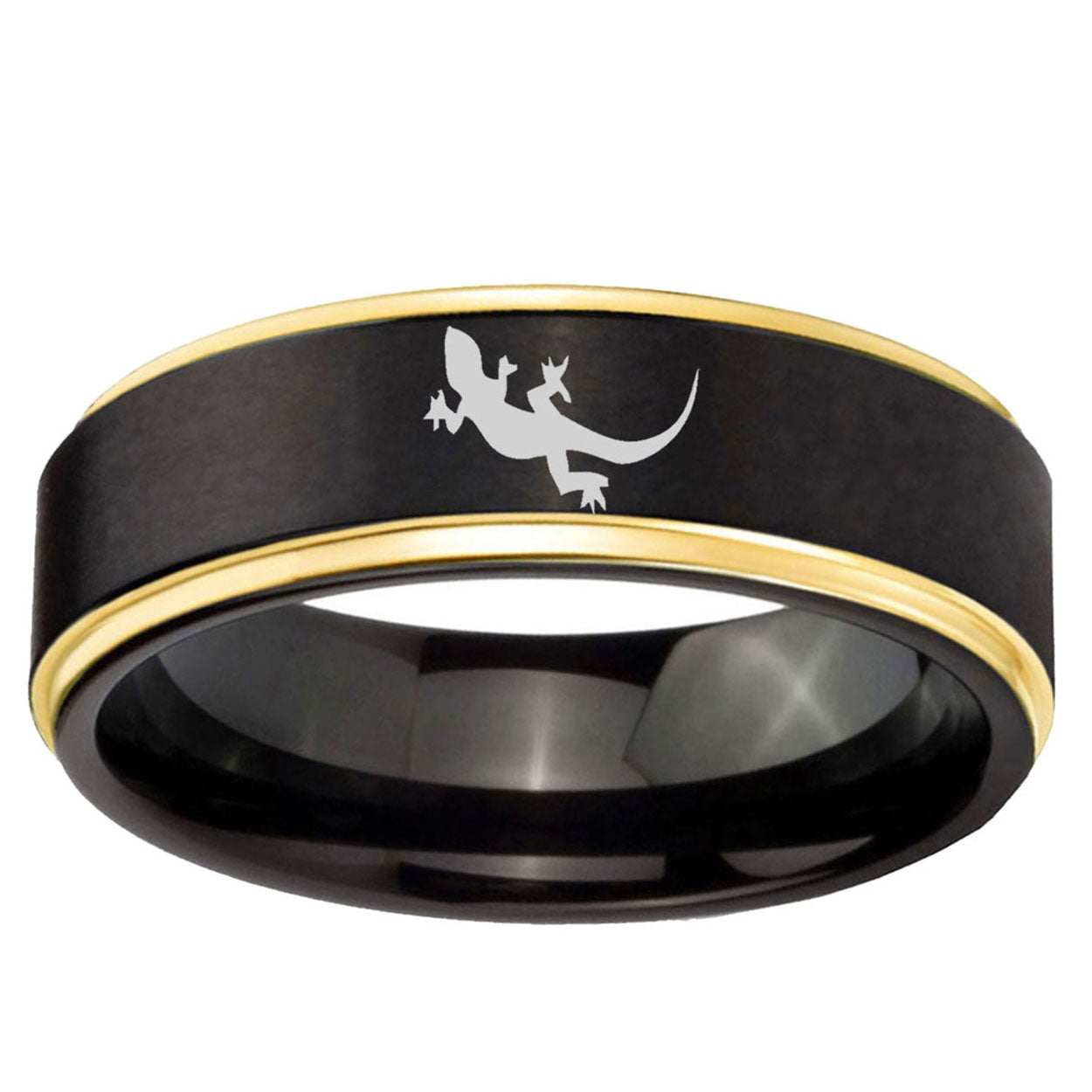 6mm Lizard Gold Step Edge Black Tungsten Ring for Men