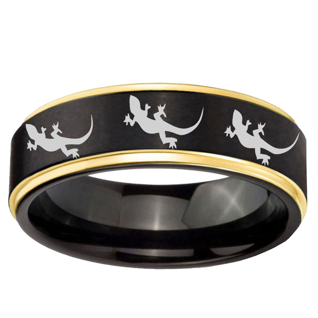 6mm Multiple Lizard Gold Step Edge Black Tungsten Ring