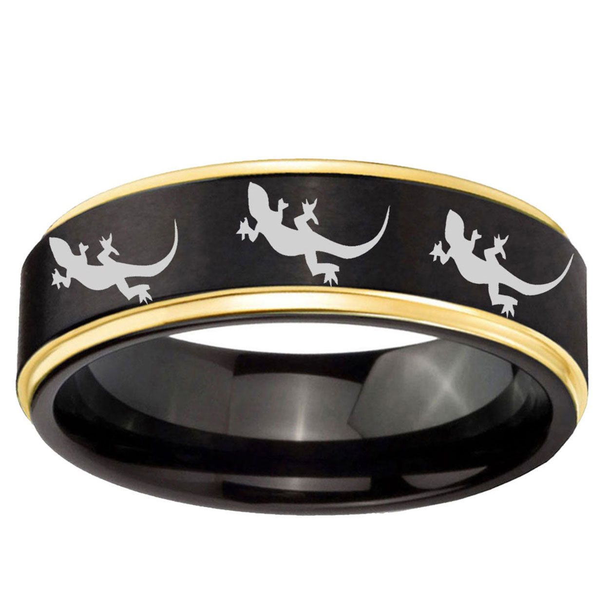 6mm Multiple Lizard Gold Step Edge Black Tungsten Ring