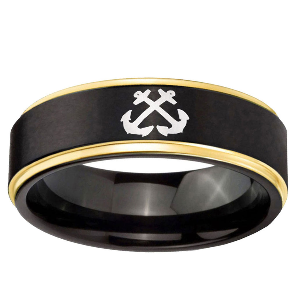 6mm Anchor Gold Step Edge Black Tungsten Wedding Band Ring