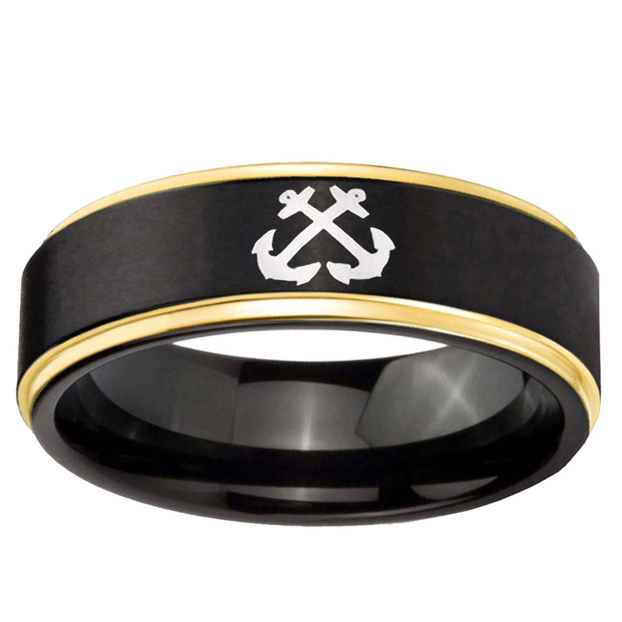 6mm Anchor Gold Step Edge Black Tungsten Wedding Band Ring