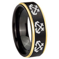 8mm Multiple Anchor Gold Step Edge Black Tungsten Ring