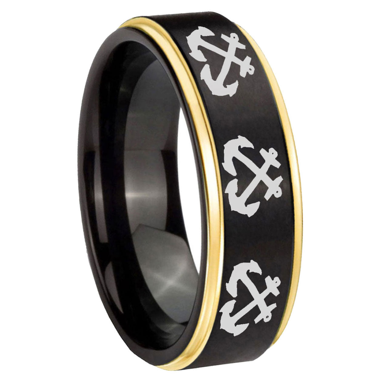 8mm Multiple Anchor Gold Step Edge Black Tungsten Ring