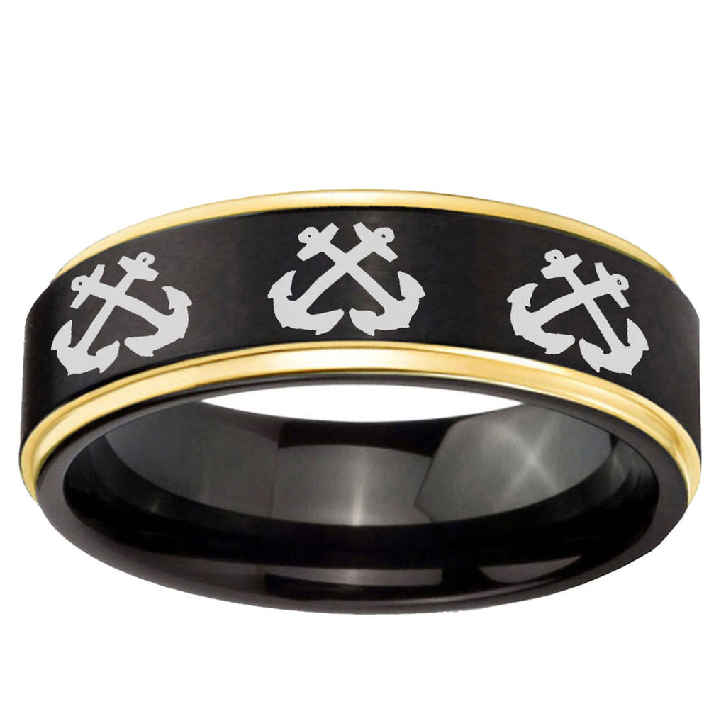 6mm Multiple Anchor Gold Step Edge Black Tungsten Ring
