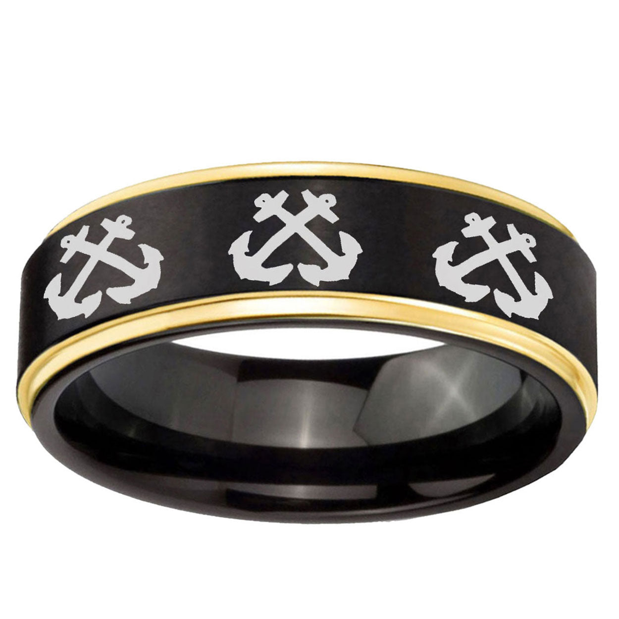 6mm Multiple Anchor Gold Step Edge Black Tungsten Ring