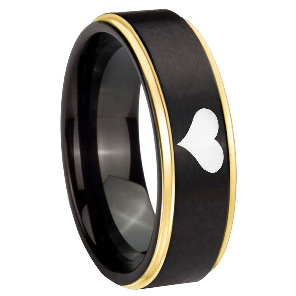 8mm Heart Gold Step Edge Black Tungsten Engraved Ring