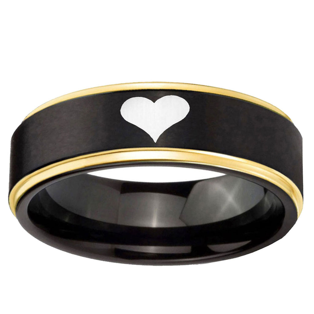 6mm Heart Gold Step Edge Black Tungsten Engraved Ring