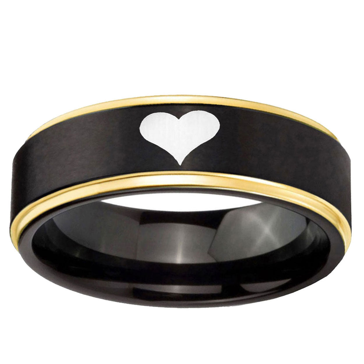 6mm Heart Gold Step Edge Black Tungsten Engraved Ring