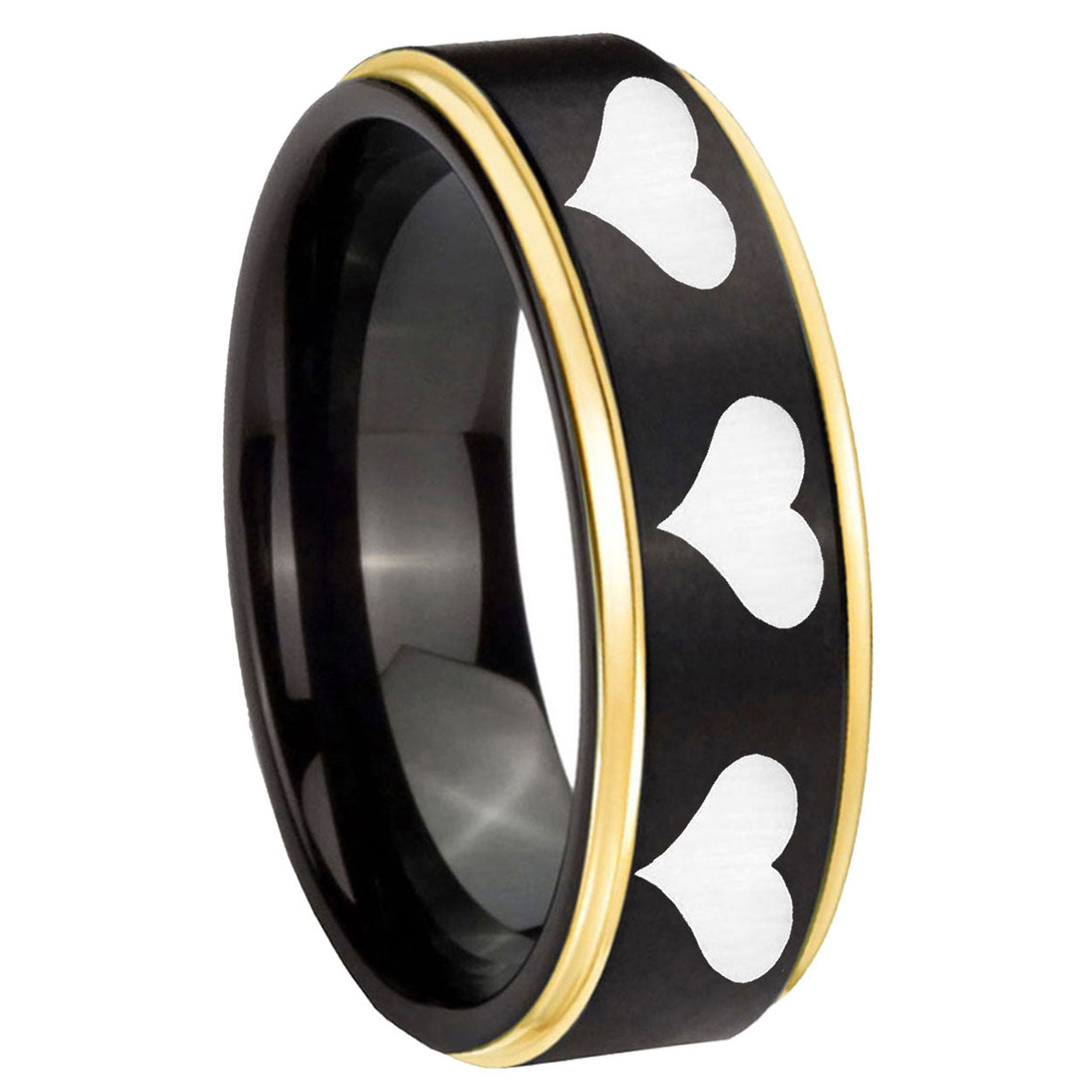 8mm Multiple Heart Gold Step Edge Black Tungsten Ring