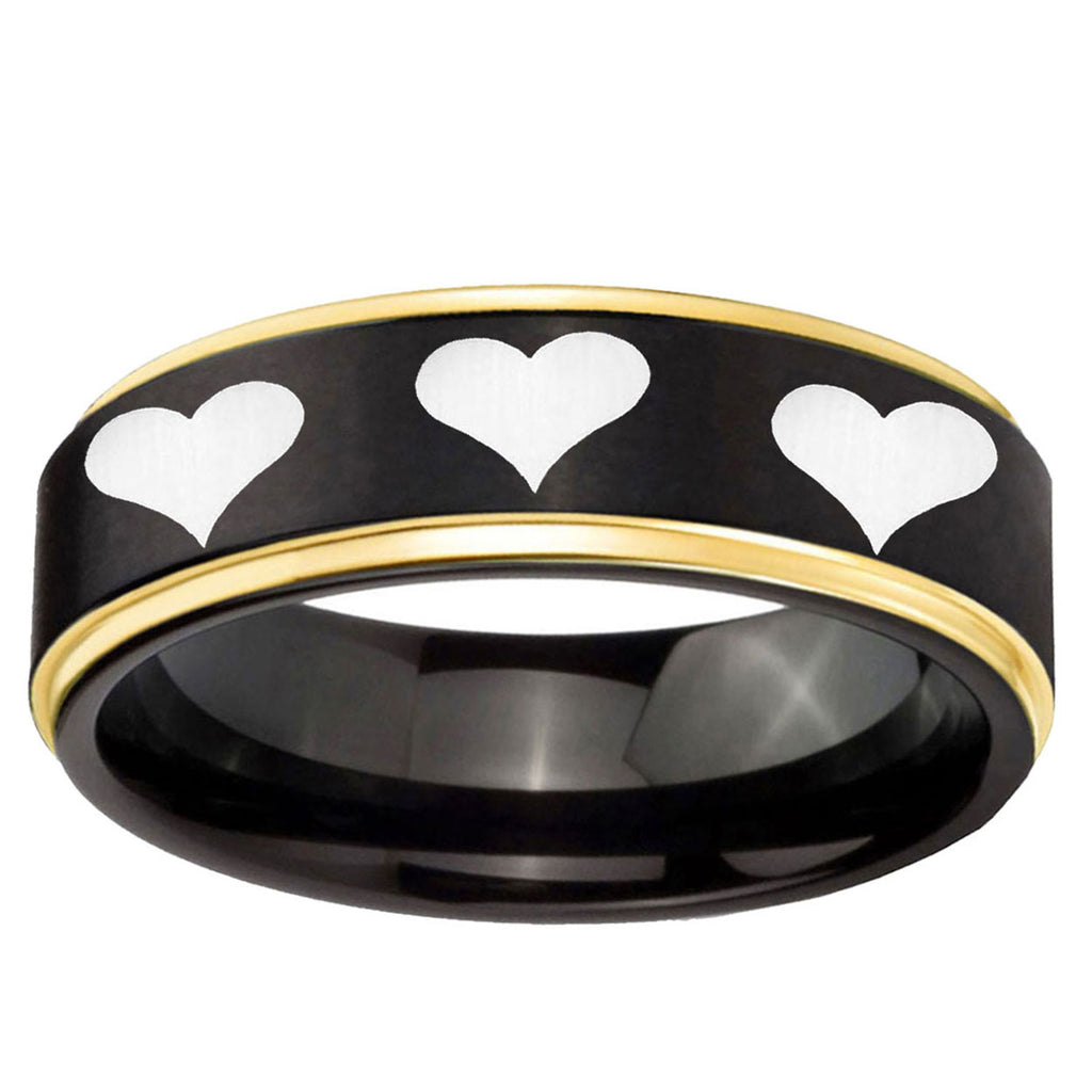 6mm Multiple Heart Gold Step Edge Black Tungsten Ring