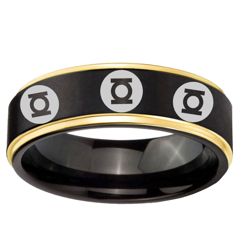 6mm Multiple Green Lantern Gold Step Edge Black Unique Ring