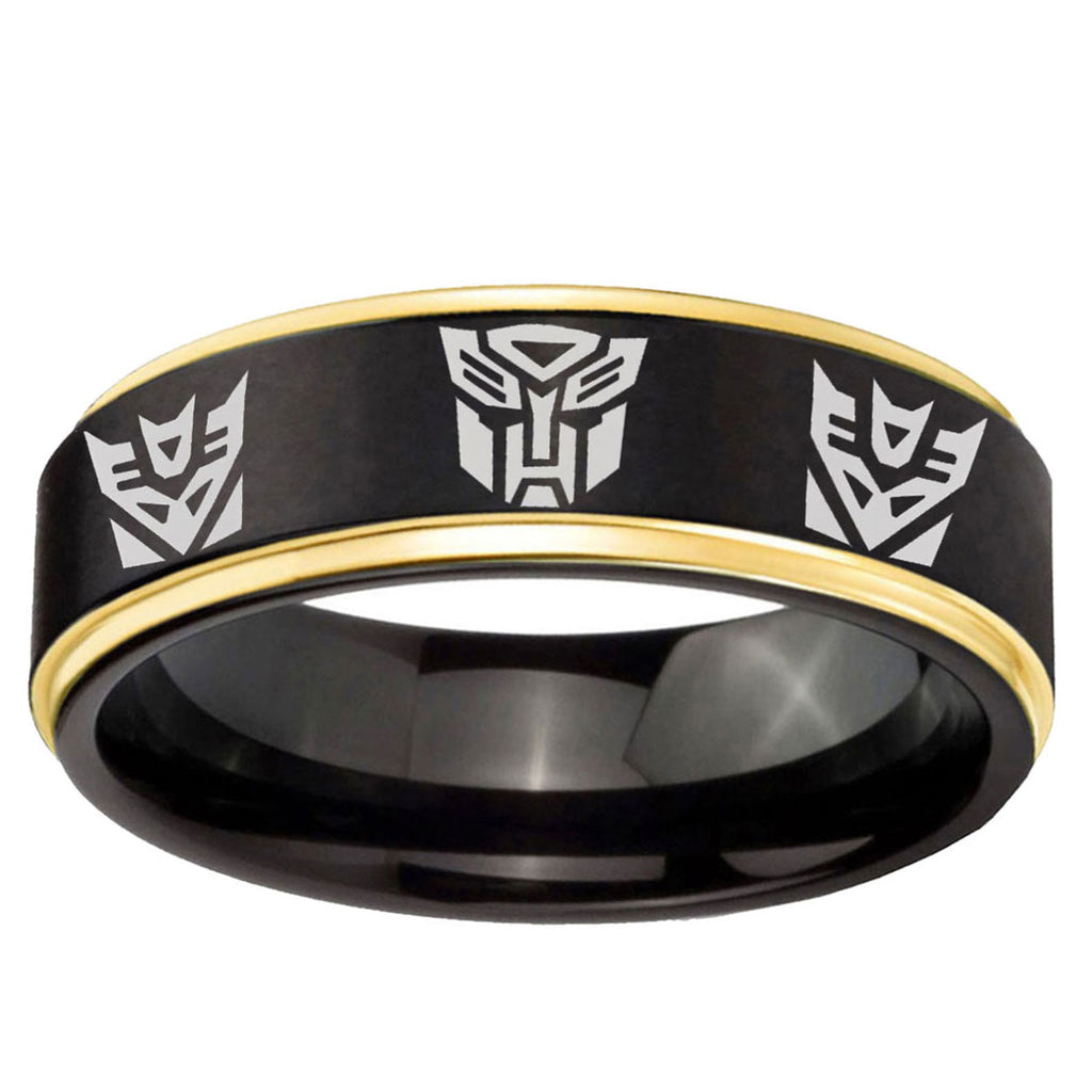 6mm Transformers Autobot Decepticon Gold Step Edge Black Tungsten Ring