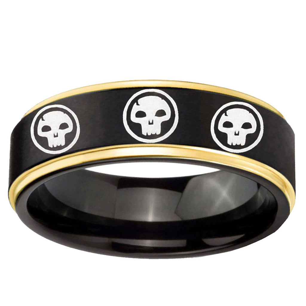 6mm Multiple Skull Gold Step Edge Black Tungsten Ring