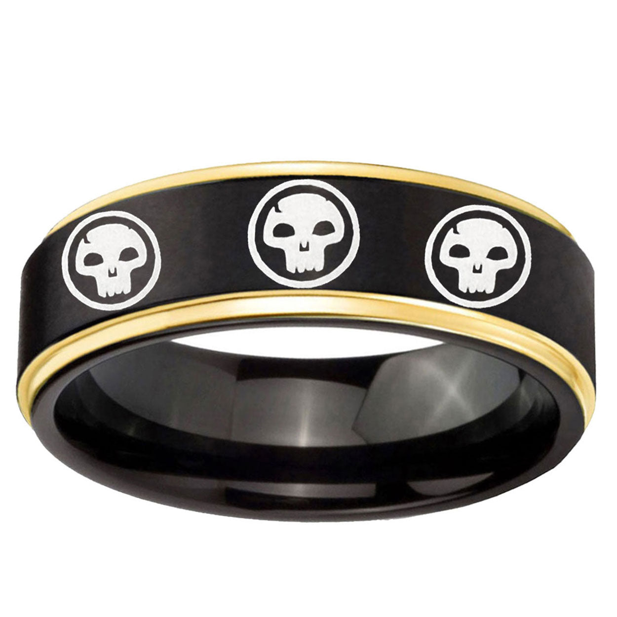 6mm Multiple Skull Gold Step Edge Black Tungsten Ring