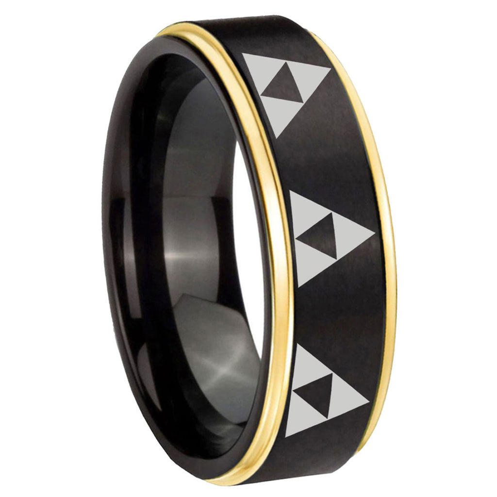 8mm Multiple Zelda Triforce Gold Step Edge Black Tungsten Ring