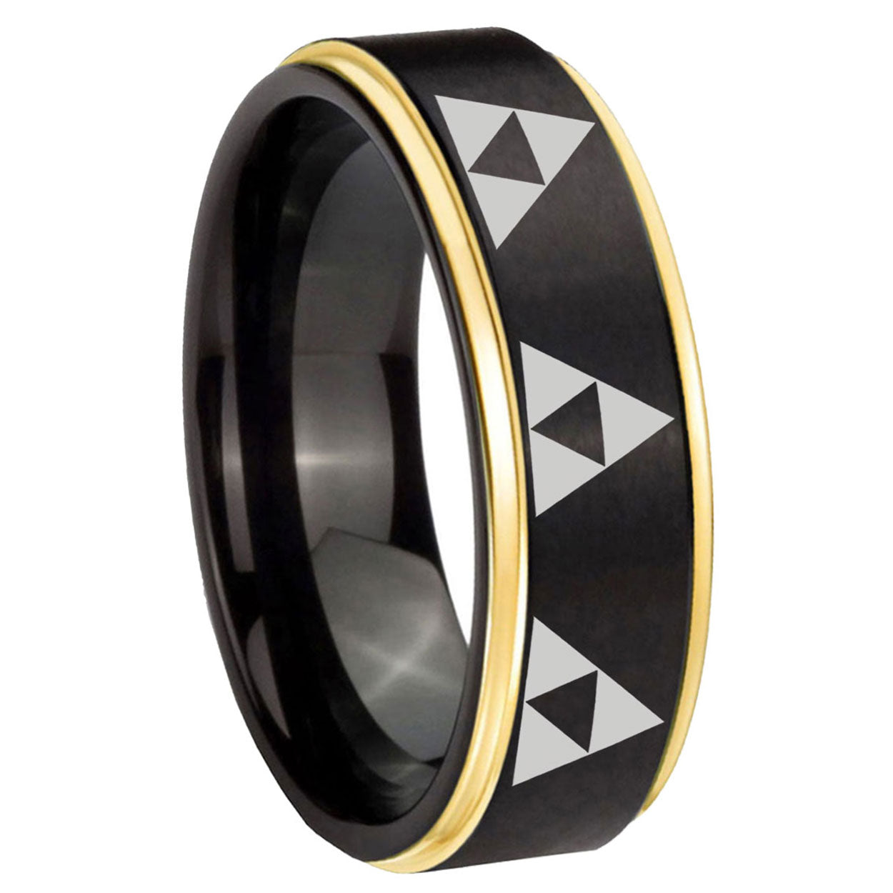 8mm Multiple Zelda Triforce Gold Step Edge Black Tungsten Ring