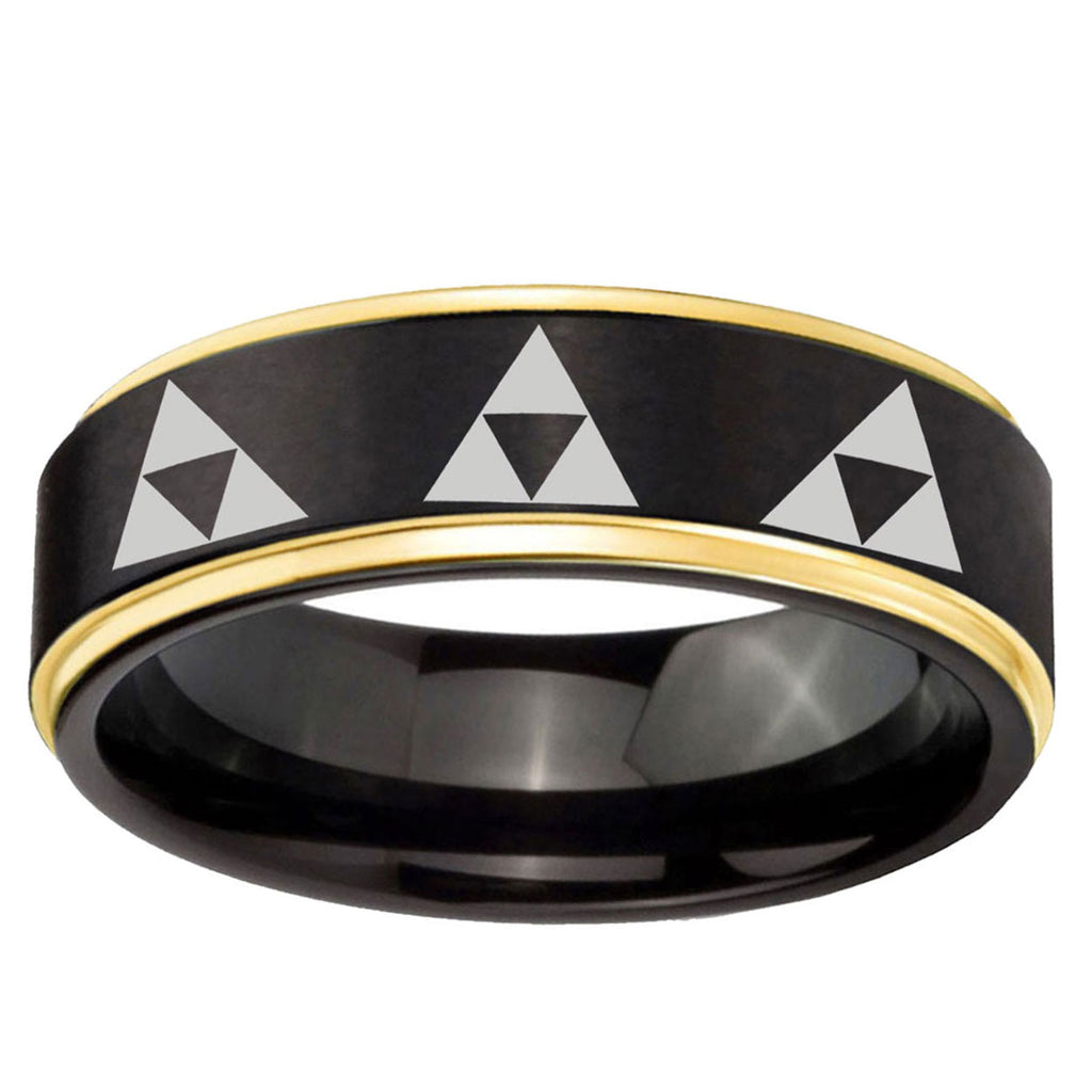 6mm Multiple Zelda Triforce Gold Step Edge Black Tungsten Ring