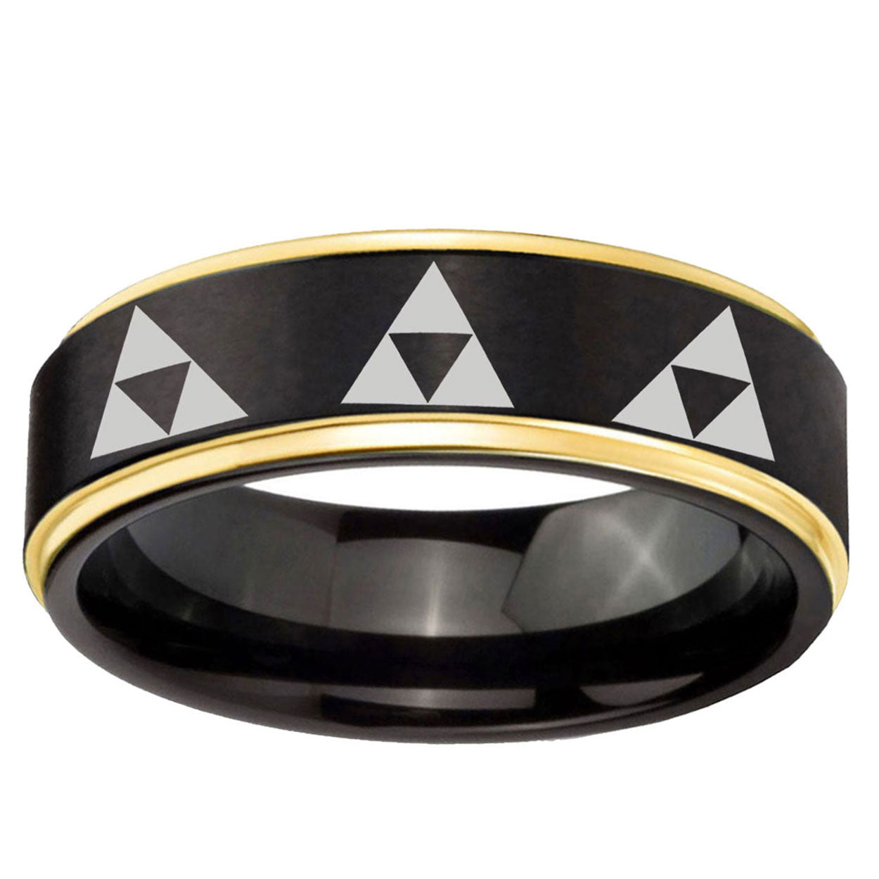6mm Multiple Zelda Triforce Gold Step Edge Black Tungsten Ring
