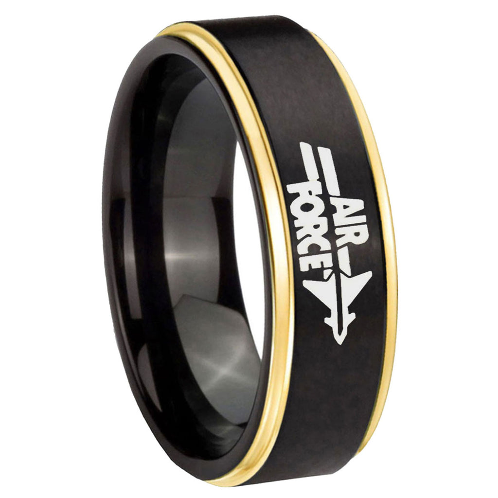 8mm Gold Step Edge Black Air Force Tungsten Engraved Ring