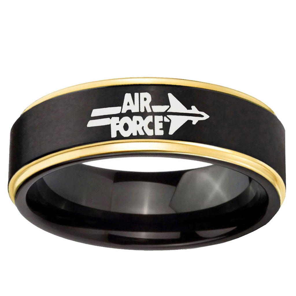 6mm Gold Step Edge Black Air Force Tungsten Engraved Ring