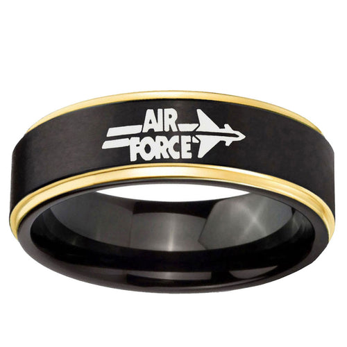 6mm Gold Step Edge Black Air Force Tungsten Engraved Ring