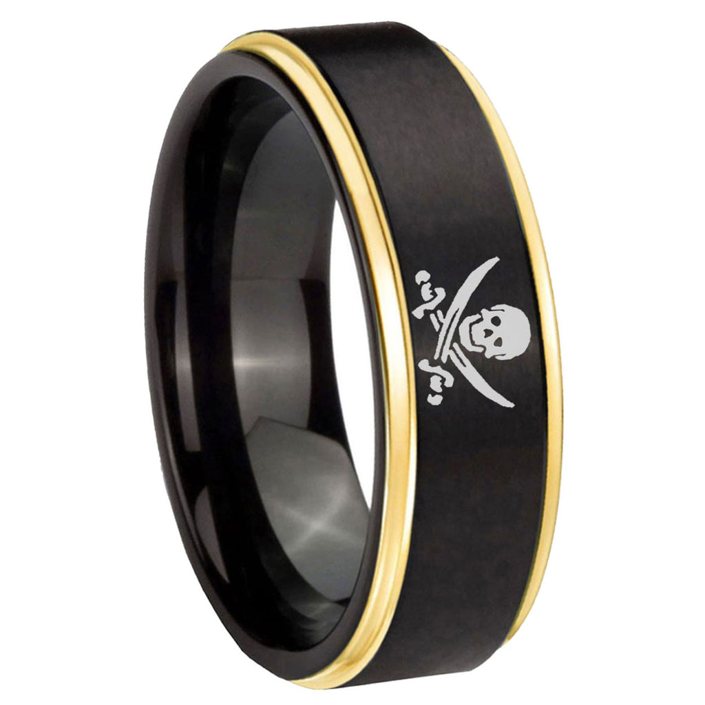 8mm Skull Pirate Gold Step Edge Black Tungsten Mens Ring