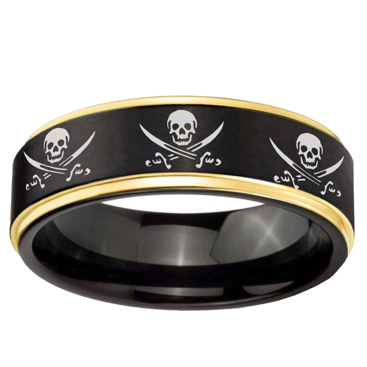 6mm Multiple Skull Pirate Gold Step Edge Black Tungsten Ring