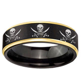 6mm Multiple Skull Pirate Gold Step Edge Black Tungsten Engagement Ring