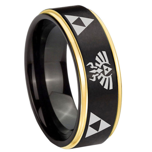 10mm-Legend-of-Zelda-Gold-Step-Edges-Brushed-Black-Tungsten-Carbide-Promise-Ring