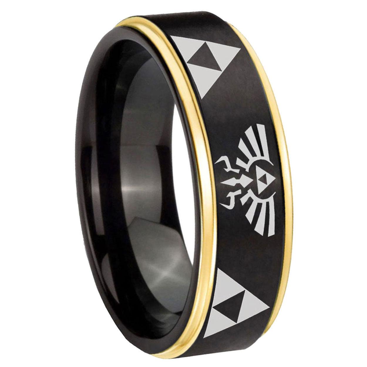 10mm Legend of Zelda Gold Step Edges Brushed Black Tungsten Carbide Promise Ring