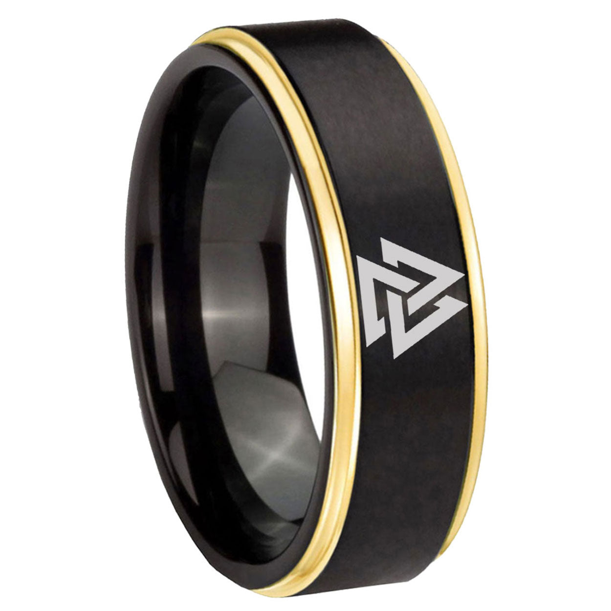 8mm Viking Symbol Gold Step Edge Black Tungsten Men's Ring