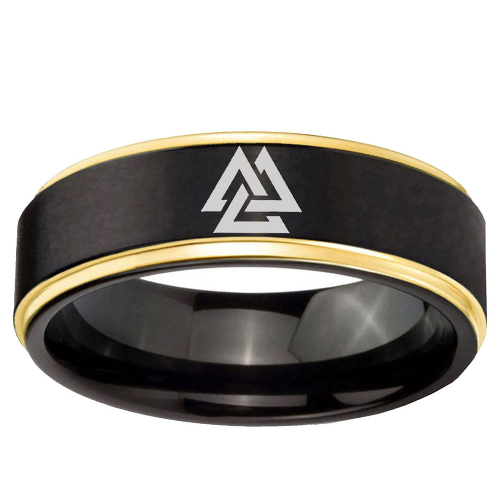 6mm Viking Symbol Gold Step Edge Black Tungsten Men's Ring