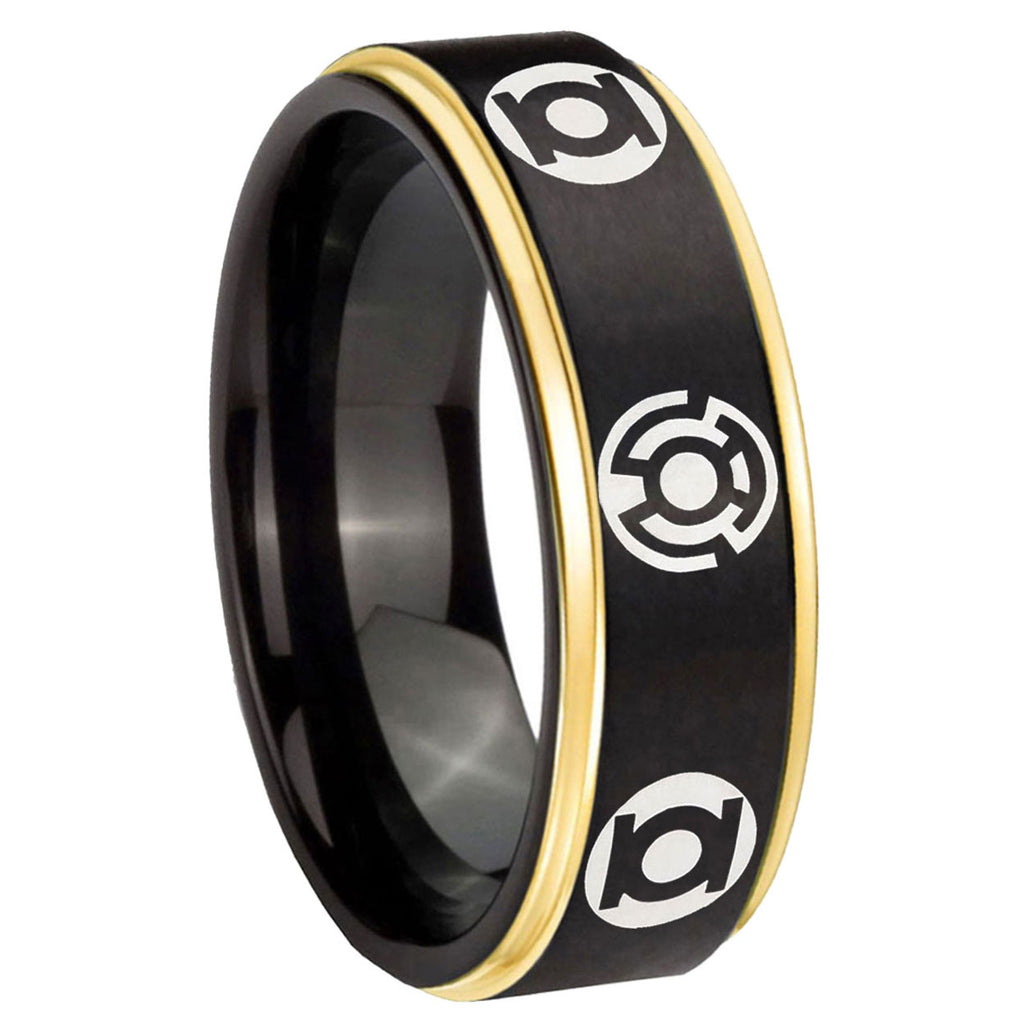 8mm Blue Green Lantern Gold Step Edge Black Tungsten Ring