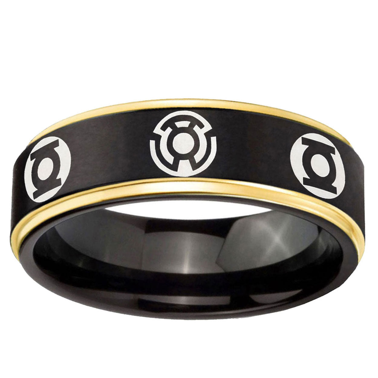 6mm Blue Green Lantern Gold Step Edge Black Tungsten Ring