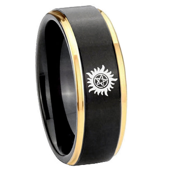 8mm Supernatural Step Edge Black Gold Mens Tungsten Ring