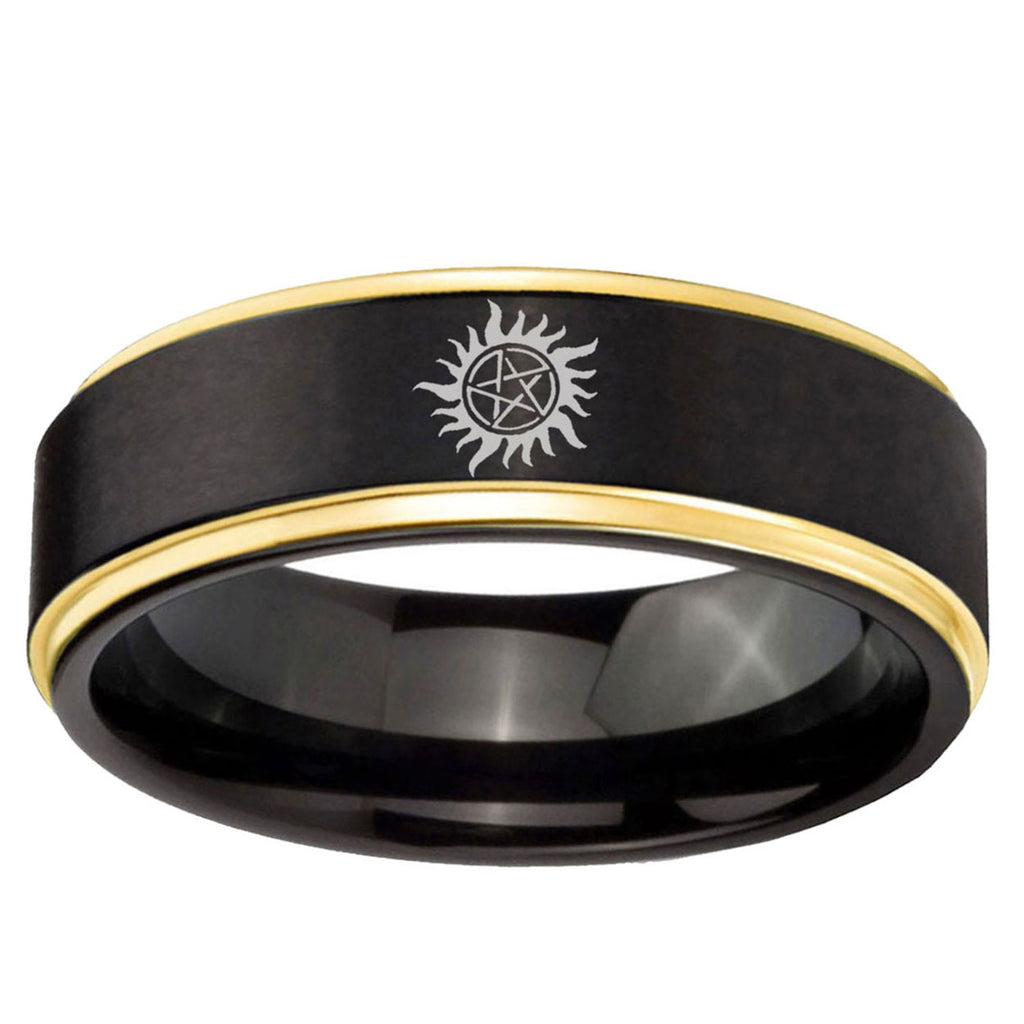 6mm Supernatural Gold Step Edge Black Tungsten Ring