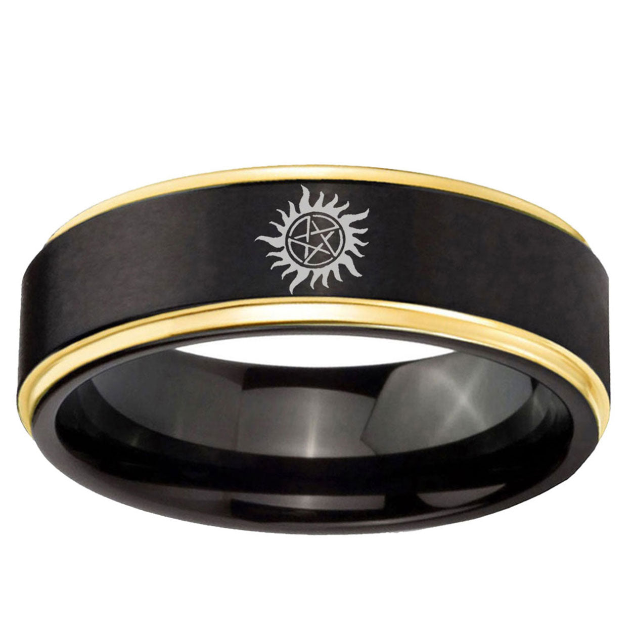 6mm Supernatural Gold Step Edge Black Tungsten Ring