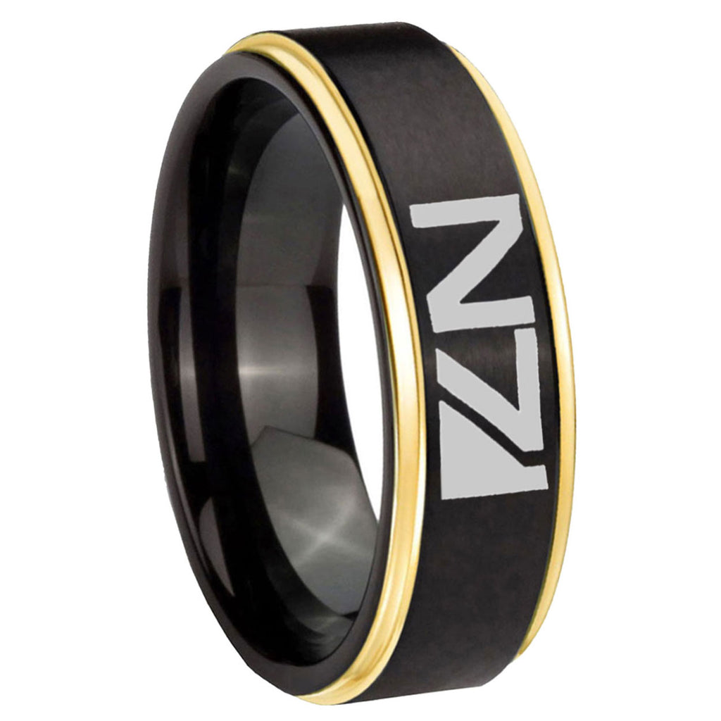 10mm N7 Design Gold Step Edges Black Tungsten Carbide Wedding Ring