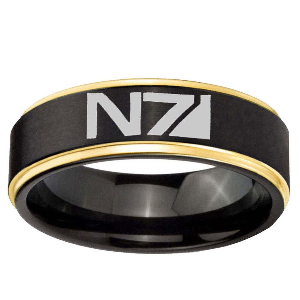 10mm N7 Design Gold Step Edge Black Tungsten Carbide Wedding Ring