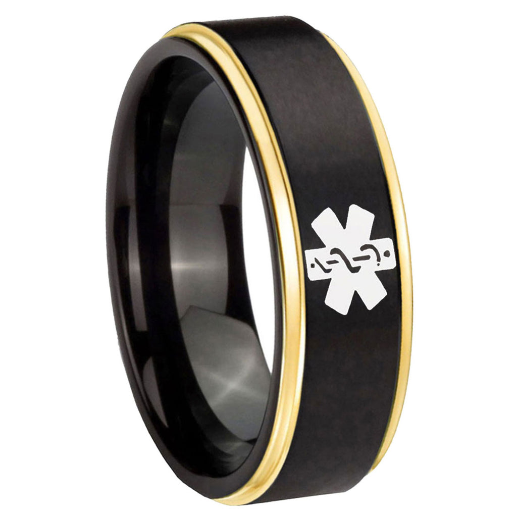 10mm Medical Alert Gold Step Edges Black Tungsten Carbide Band Ring