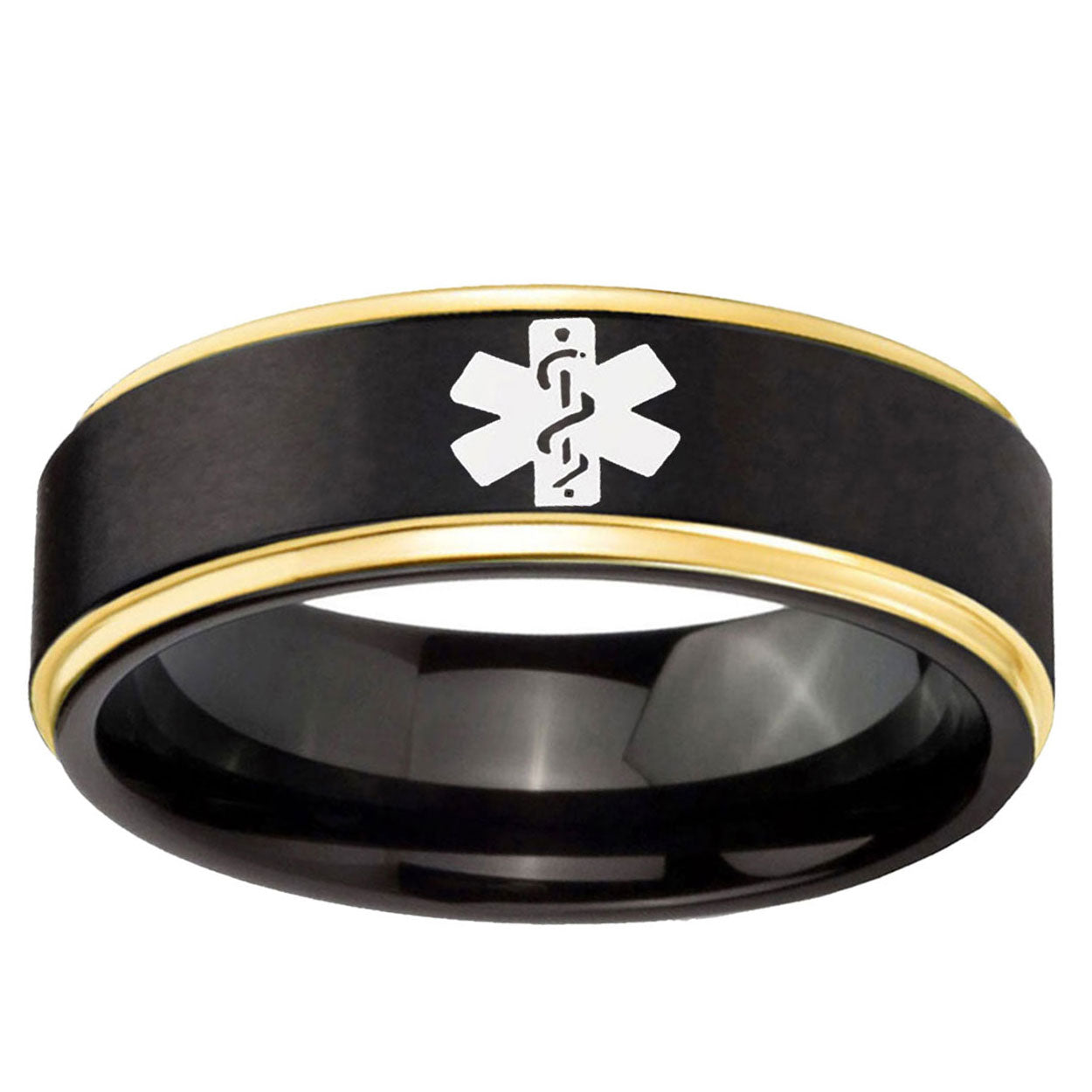 10mm Medical Alert Gold Step Edge Black Tungsten Carbide Band Ring