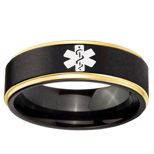 10mm Medical Alert Gold Step Edge Black Tungsten Carbide Band Ring