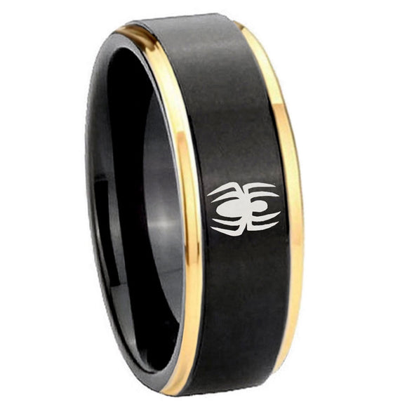 10mm-Spiderman-Gold-Step-Edges-Black-Tungsten-Carbide-Engagement-Ring