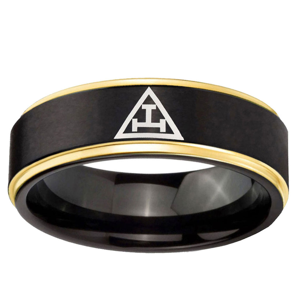6mm Masonic Triple Gold Step Edge Black Tungsten Ring