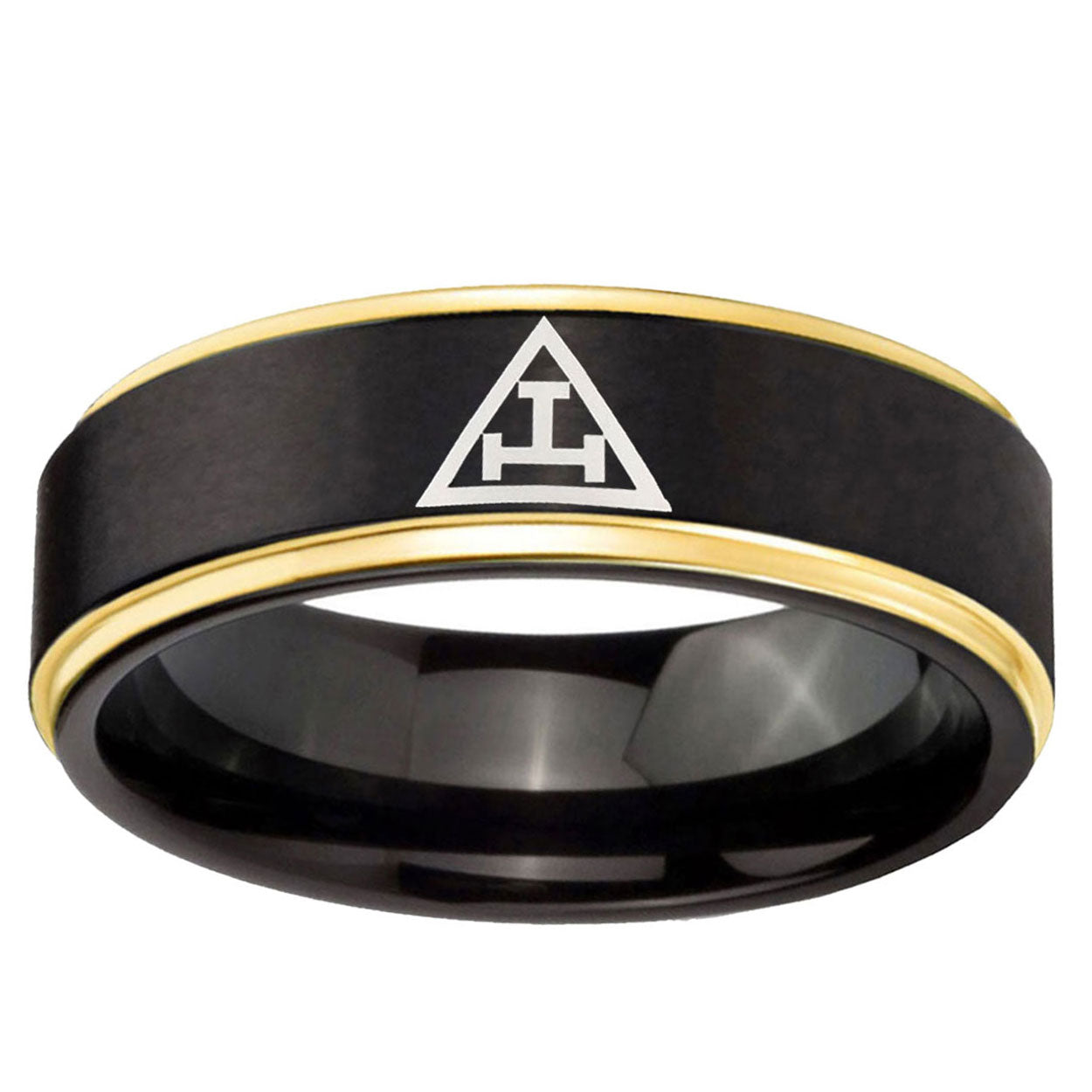 6mm Masonic Triple Gold Step Edge Black Tungsten Ring