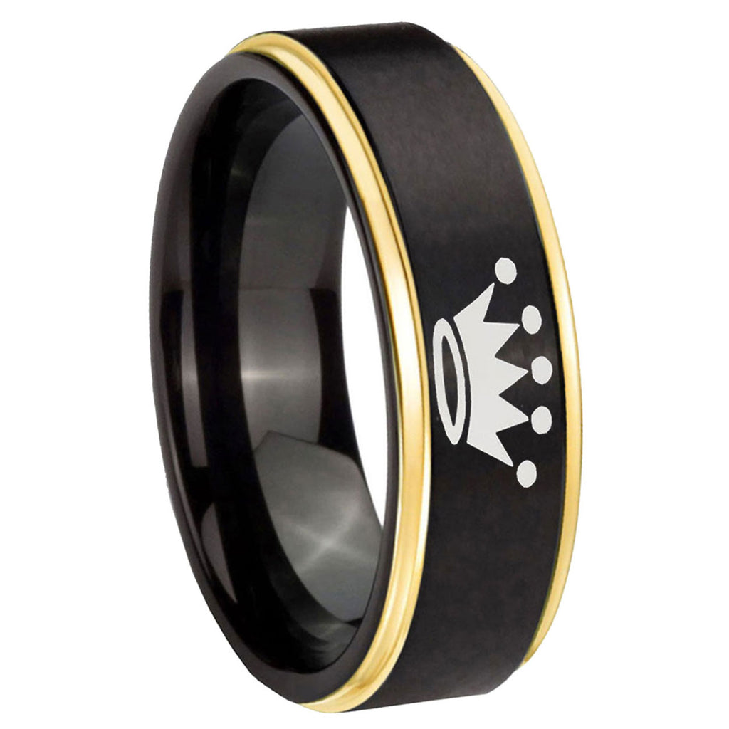 8mm Crown Gold Step Edge Black Tungsten Men's Wedding Ring