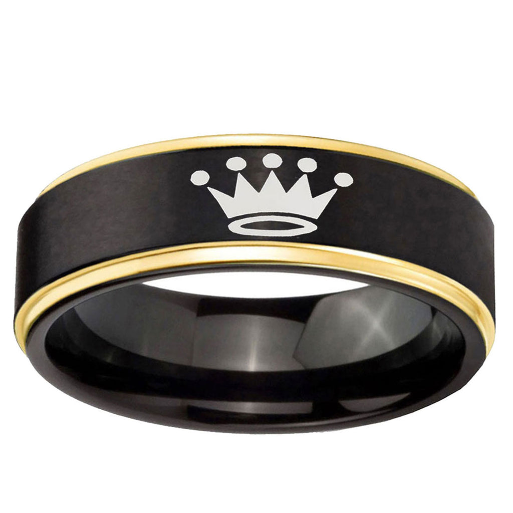 6mm Crown Gold Step Edge Black Tungsten Men's Wedding Ring