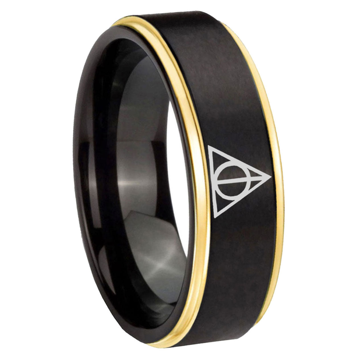 10mm Deathly Hallows Gold Step Edges Black Tungsten Carbide Men's Ring