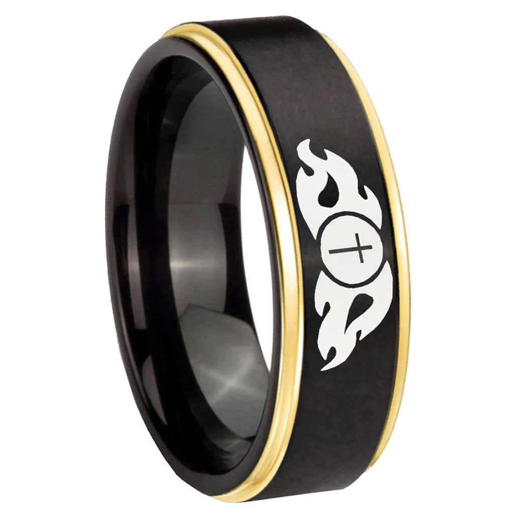 8mm Flamed Cross Gold Step Edge Black Tungsten Promise Ring